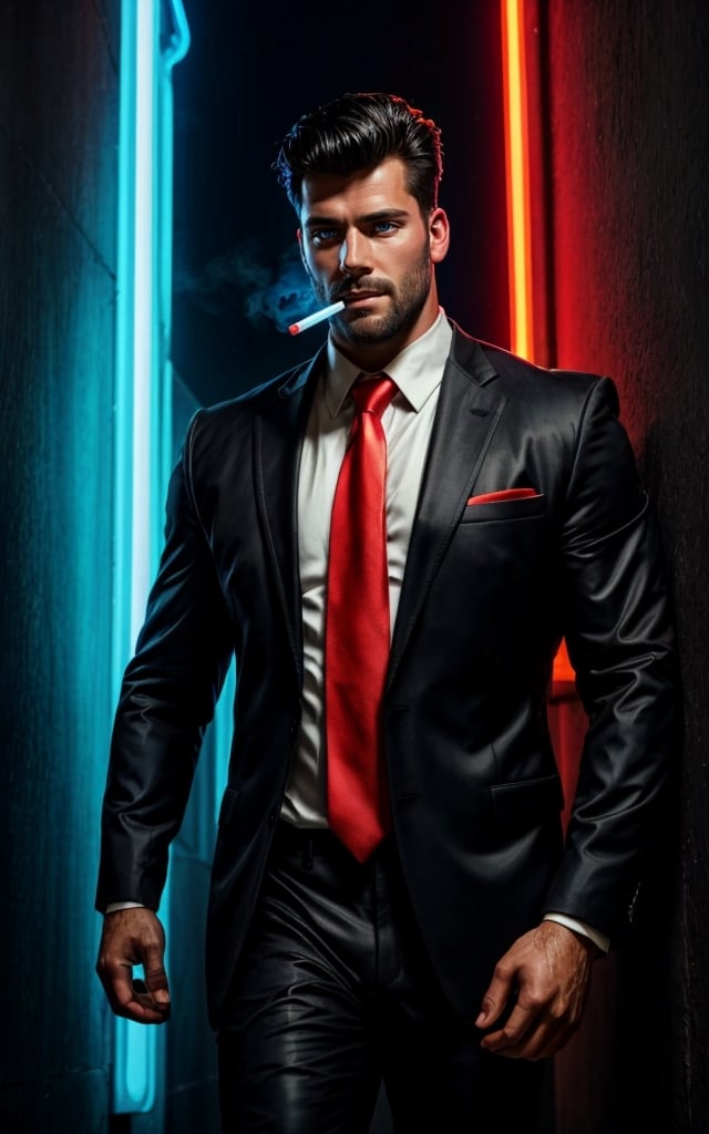 digital painting of a man, shot on Canon 5D Mark II, portrait of a mafia in city street full on neon signboards, ((black with red business suit)), (white shirt), (red necktie), (balck hair), angry, BREAK ((blue neon lights)), smoke from mouth, (with a cigarette in mouth), pants, add lightsource to front, (mouth open:0.5), Leaning lazily against the wall, cinematic, best quality, masterpiece, intricate details, dynamic pose, dynamic angle, ((surrealism)), ((romanticism)), ((oil painting \(medium\):1.2)), (illustration), huge-muscles, (large pectorals), sharp focus, soft lighting, vibrant colors, cinematic photography, volumetric lighting, film grain, hard shadows,