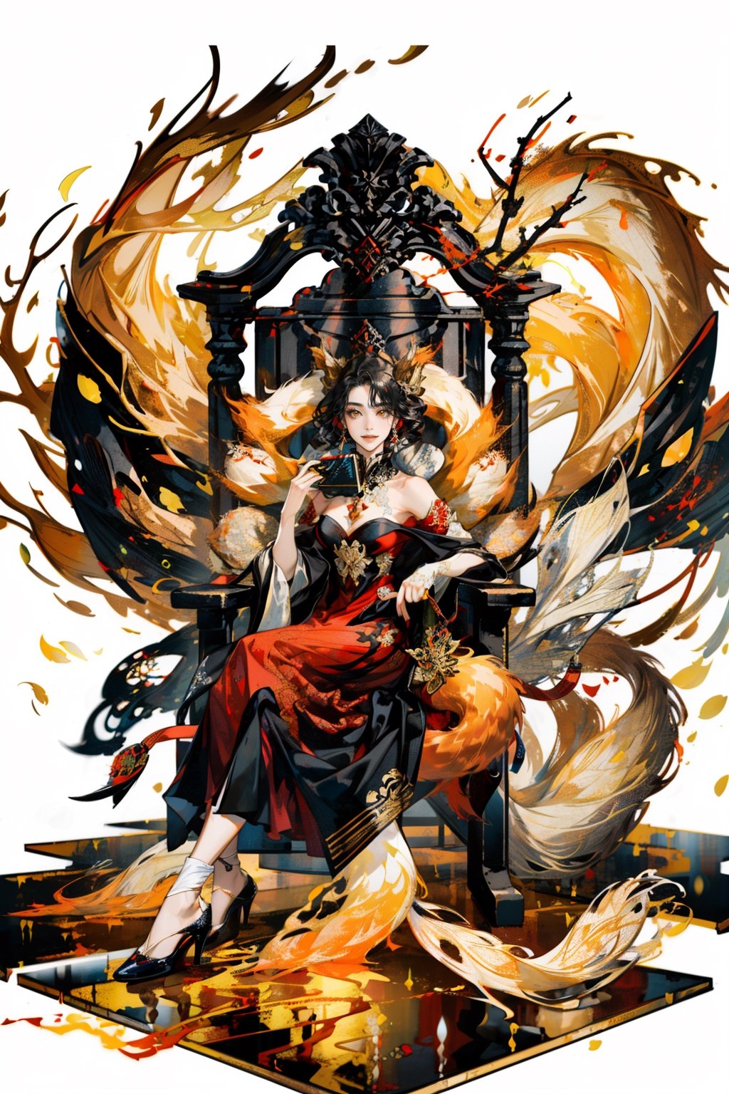 masterpiece, (best quality:1.5), [(white background:1.15)], ((1woman)), long black hair, beautiful, charming smile, golden with red strapless dress, (fan), fair skin, ((nine-tailed fox in background)), sit on throne, 