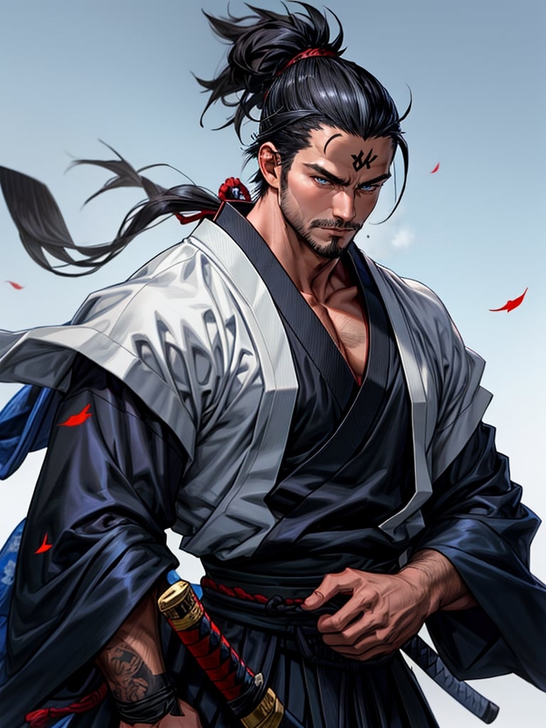 1man, samurai, handsome, protruding pecs, stubbles, japanese samurai clothing, black_hair, Hair tied back, few locks of hair hang down on the forehead, blue cloth, katana, maple leaf scattered in the air, wind, dynamic angle, Masterpiece,  Intricate details,  hdr,  depth of field,  (full body view),  Portrait, open cloth, show chest,