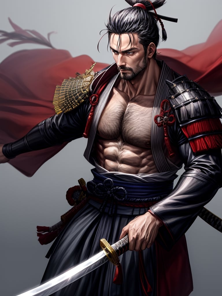 1man, samurai, handsome, protruding pecs, stubbles, japanese samurai clothing, black_hair, brown eyes, Hair tied back, few locks of hair hang down on the forehead, katana at waist, maple leaf scattered in the air, wind, dynamic angle, Masterpiece,  Intricate details,  hdr,  depth of field,  (full body view),  Portrait, open cloth, take off top to waist, show chest, show abs, body hair, hairy chest,best quality