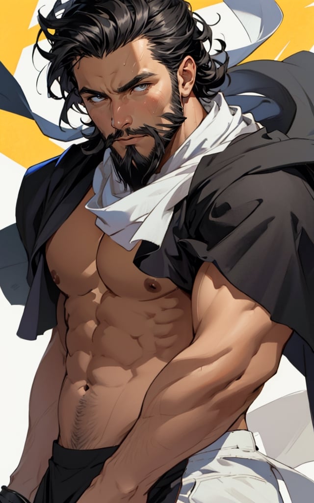 masterpiece,  best quality,  perfect lighting,  detail face,  ((beard)),  black hair,  detailed eyes,  muscular,  masculine,  protruding pecs,  large pectorals,  handsome man,  (arab), (topless), clothmancer, headscarf,  black and yellow sandals, wind, [(white background:1.15), upper body, portrait, low angle,