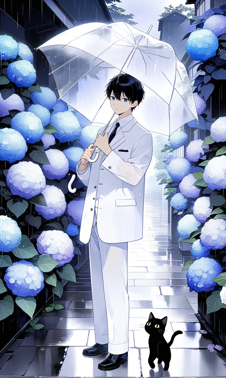 It was raining. A man in a white suit held a transparent umbrella and stood beside the road in a residential area to protect the black kitten from the rain. 
masterpiece, 8K, fresh style,Hydrangeas,