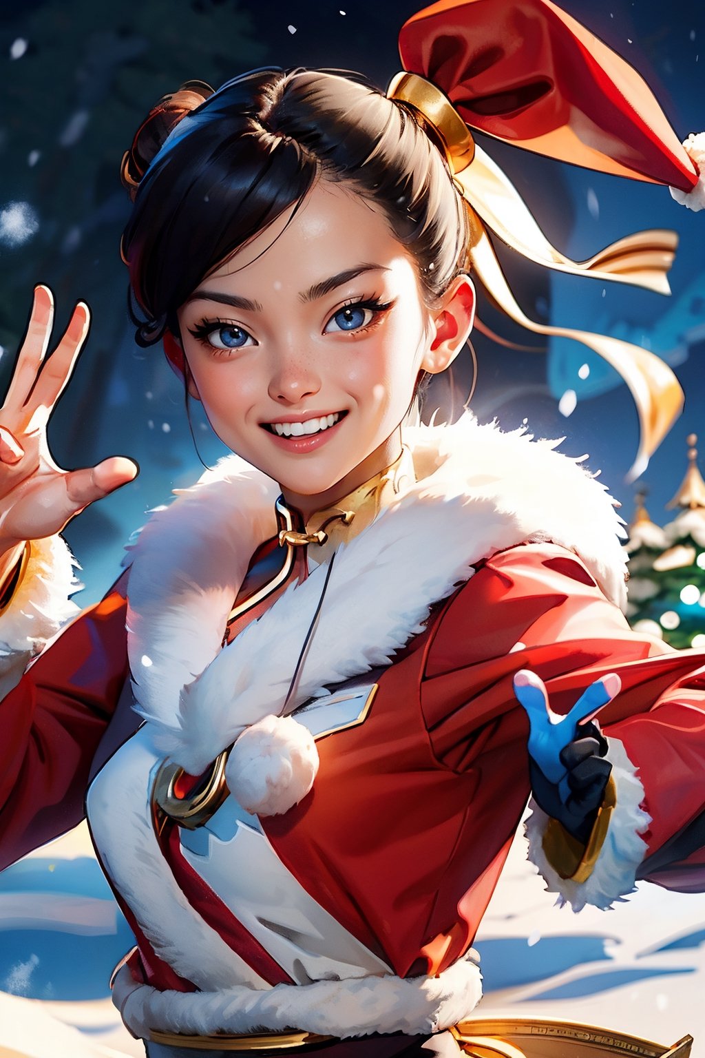 1girl, chunli, detailed face, perfect light, chunlims,Santa Claus, victory gesture, smile, snow, 