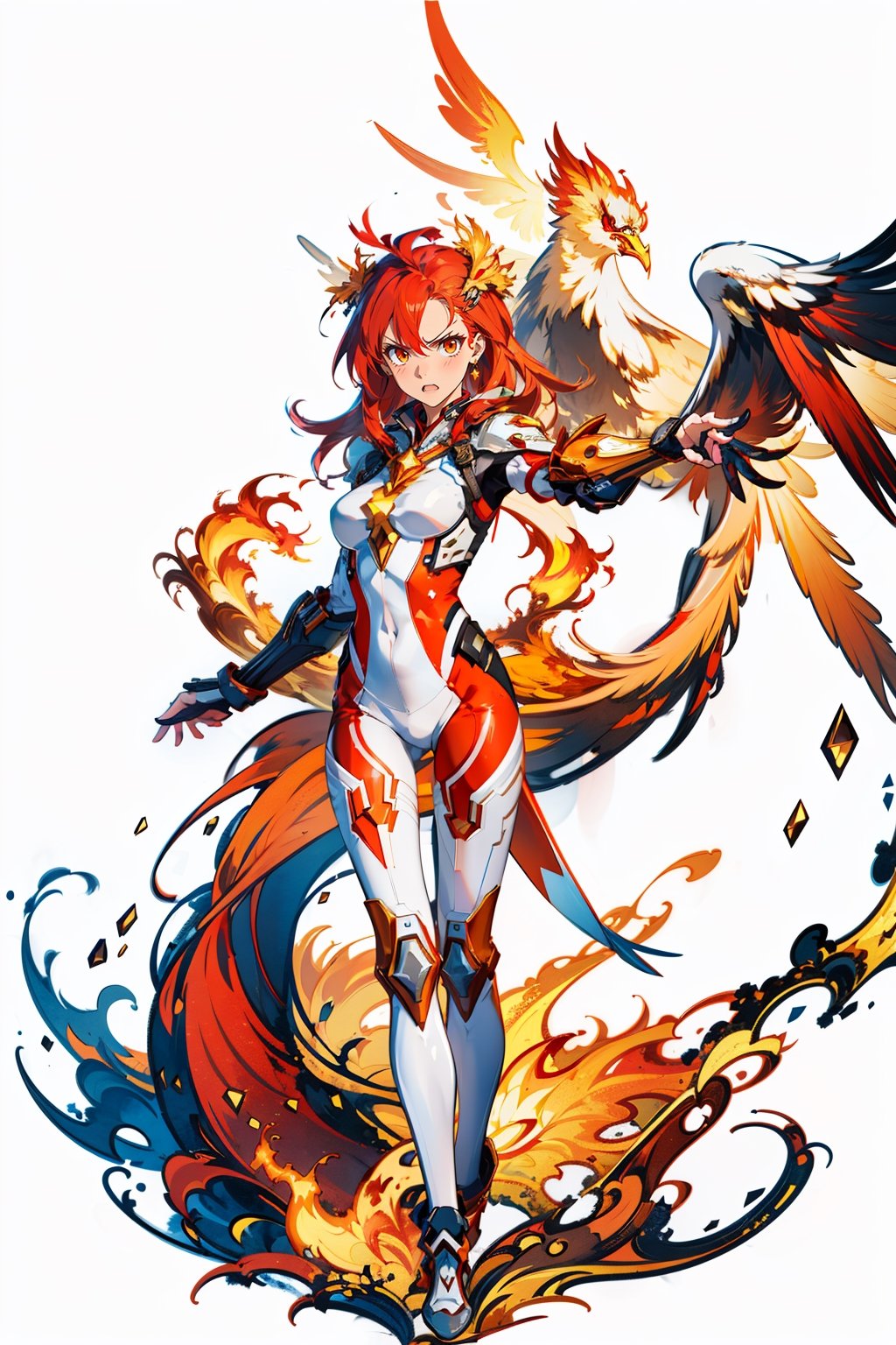masterpiece, (best quality:1.5), float, 1hand touch head, [(white background:1.15)], 1 girl, red hair, long hair, wind, beautiful, angry face, white with golden tight suit, fire element, ((phoenix)), 