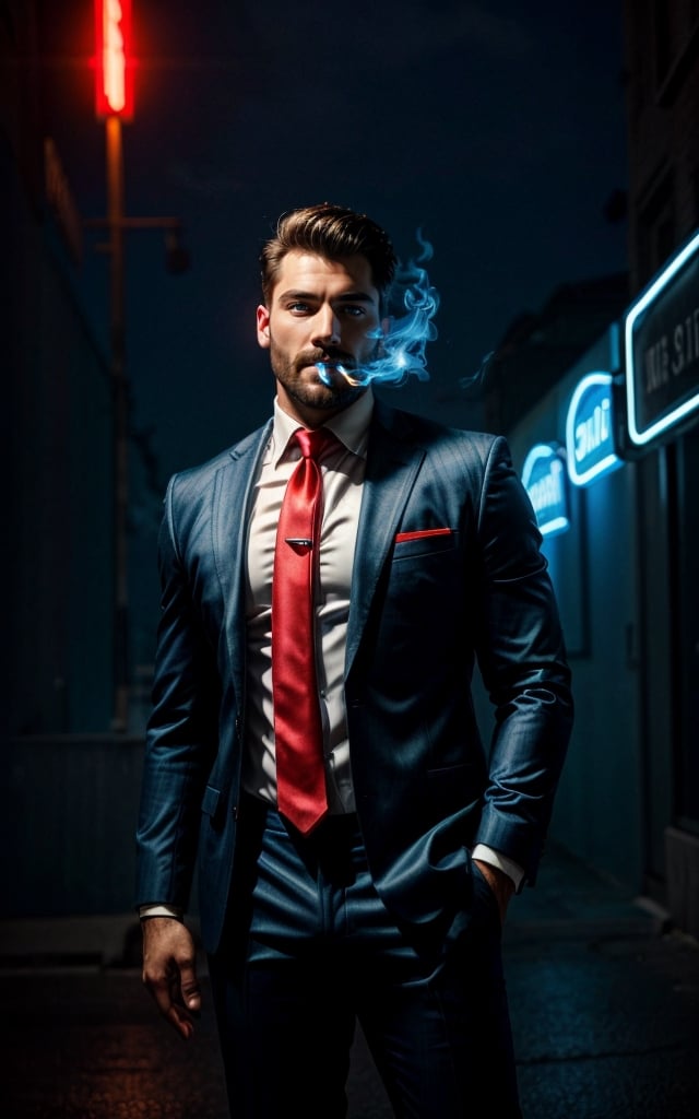 digital painting of a man, shot on Canon 5D Mark II, portrait of a mafia in city street full on neon signboards, smoke from mouth, (with a cigarette in mouth), pants, ((black with red business suit)), (white shirt), (red necktie), (balck hair), angry, BREAK ((blue neon lights)),  add lightsource to front, (mouth open:0.5), Leaning lazily against the wall, cinematic, best quality, masterpiece, intricate details, dynamic pose, dynamic angle, ((surrealism)), ((romanticism)), ((oil painting \(medium\):1.2)), (illustration), huge-muscles, (large pectorals), sharp focus, soft lighting, vibrant colors, cinematic photography, volumetric lighting, film grain, hard shadows,Masterpiece