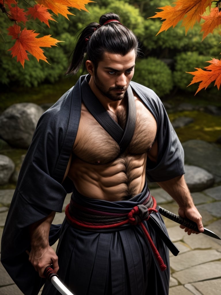 1man, samurai, handsome, protruding pecs, stubbles, japanese samurai clothing, black_hair, brown eyes, Hair tied back, few locks of hair hang down on the forehead, katana at waist, maple leaf scattered in the air, wind, dynamic angle, Masterpiece,  Intricate details,  hdr,  depth of field,  (full body view),  Portrait, open cloth, take off top to waist, show chest, show abs, body hair, hairy chest,best quality