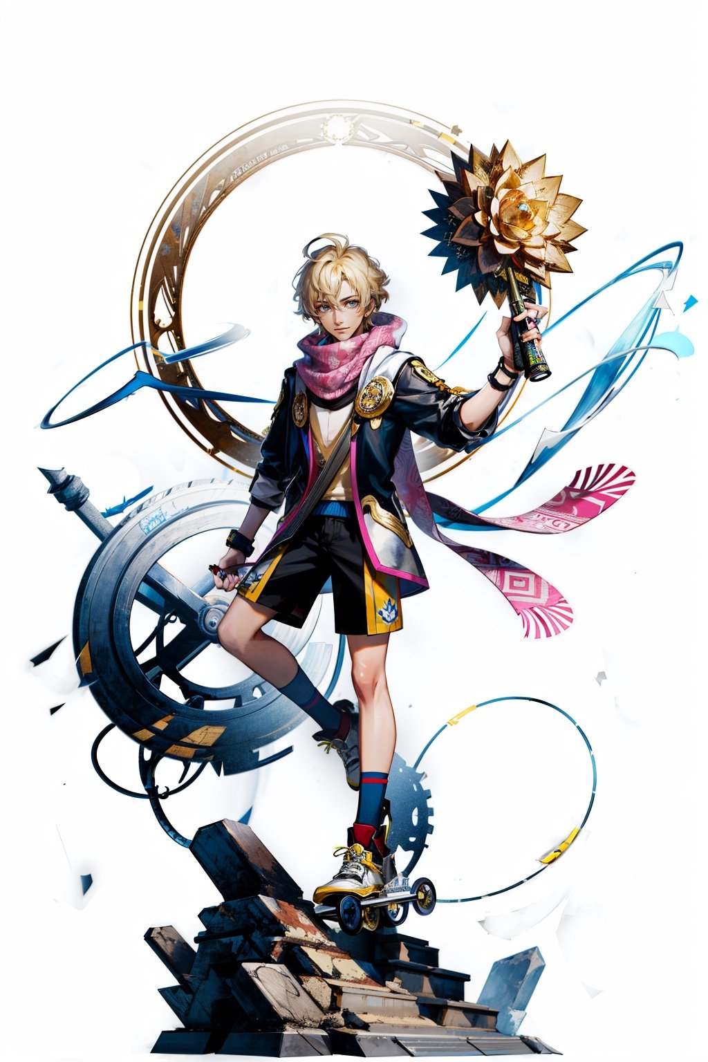 masterpiece, (best quality:1.5), [(white background:1.15)], (1BOY), blond hair, short hair, ((tan skin)), (holding ring blade), (holding circle), wind, Inline skate, pink colthes, short pants, scarf, ((lotus)), whirlwind,