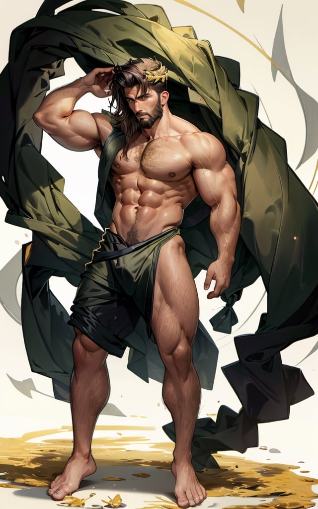 masterpiece,  best quality,  perfect lighting,  detail face,  ((beard)),  black hair, (long wave hair), detailed eyes, masculine,  protruding pecs,  large pectorals,  handsome man, (Roman), naked, golden laurel wreath on head, (clothmancer), (wind), portrait, sunshine, (shine body), shirtless, front, ((full body photo)), [(white background:1.15)],(langot), bulge, dynamic pose,Portrait