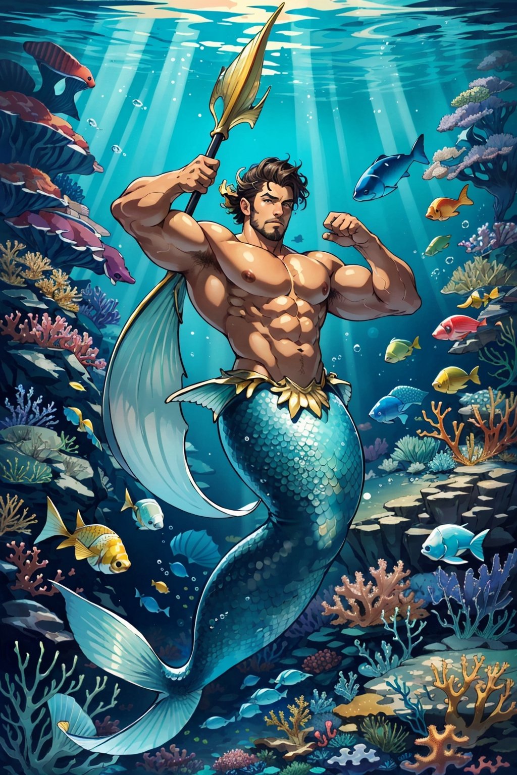 masterpiece, best quality, ultra high res, 1male, male mermaid, manly, muscular,brawny, beefy,short wave hair, (tan skin), (golden scales), (fins on arms),fins on back, trident, under the sea, bubble, fishes, dynamic action, coral reefs, light refracted under the sea. depth of field, perfect light, ,mermaid foucs,