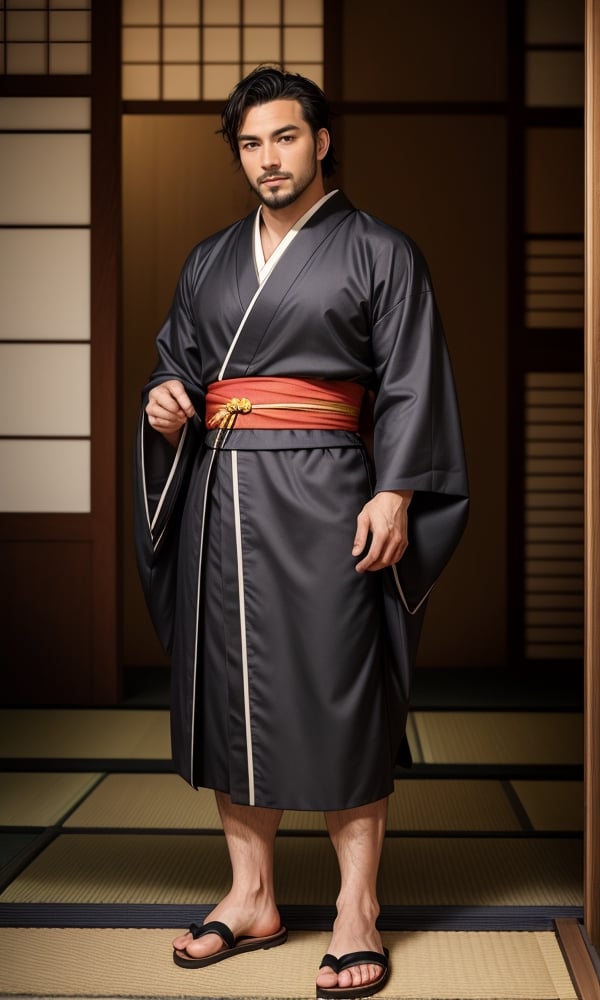 solo male, Japanese, black hair, black eyes, facial hair, thick eyebrows, scar on face, sideburns, (kimono), (yutaka), japanese sandals, mature, handsome, charming, alluring, standing, full body, perfect anatomy, perfect proportions, best quality, masterpiece, high_resolution, dutch angle, cowboy shot, photo background, muscular, beefy,