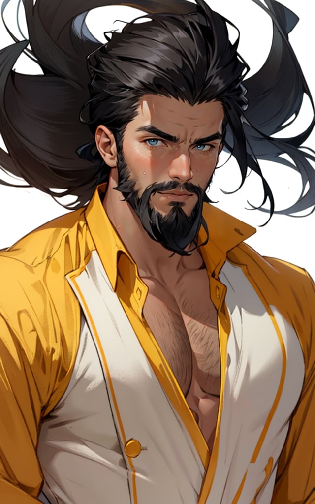 masterpiece,  best quality,  perfect lighting,  detail face,  ((beard)),  black hair,  detailed eyes,  muscular,  masculine,  protruding pecs,  large pectorals,  handsome man,  arab, topless, clothmancer, headscarf,  black and yellow sandals, wind, [(white background:1.15), upper body, portrait,