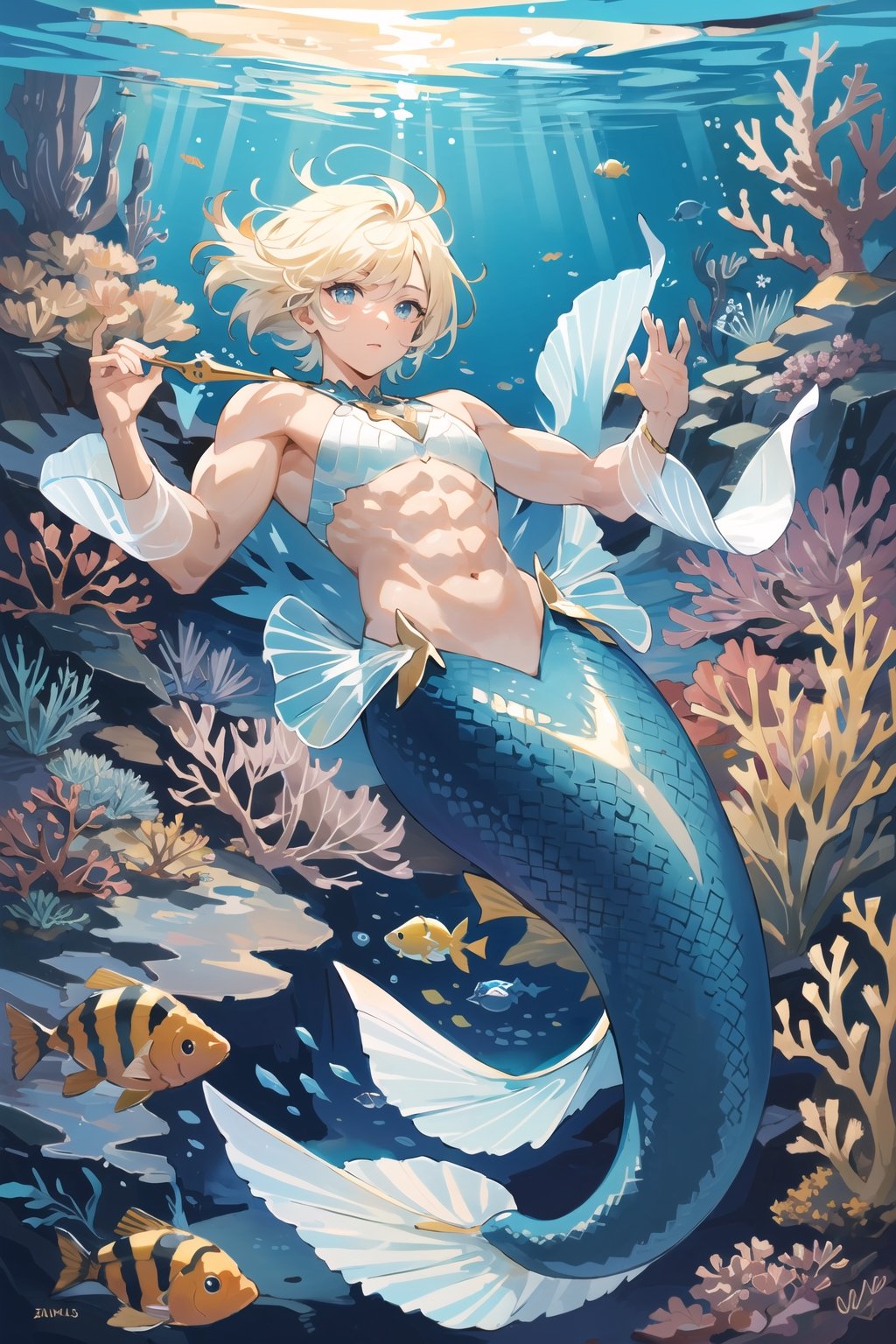 masterpiece, best quality, ultra high res, 1male, male mermaid, manly, muscular,brawny, beefy,short wave hair, (tan skin), (golden scales), (fins on arms),fins on back, holding trident, under the sea, bubble, fishes, dynamic action, coral reefs, light refracted under the sea. depth of field, perfect light, ,mermaid