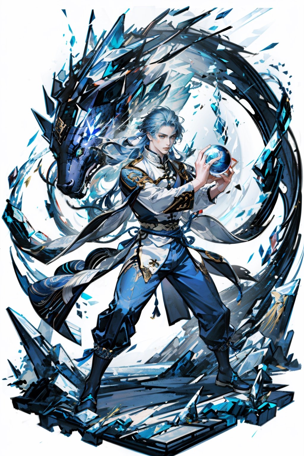 masterpiece,, (masterpiece, best quality:1.5), fighting stance, dance pose, [(white background:1.15)], 1man, young man, handsome, long blue hair, magician costume, ice element, (Tai Chi), (holding crystal ball),