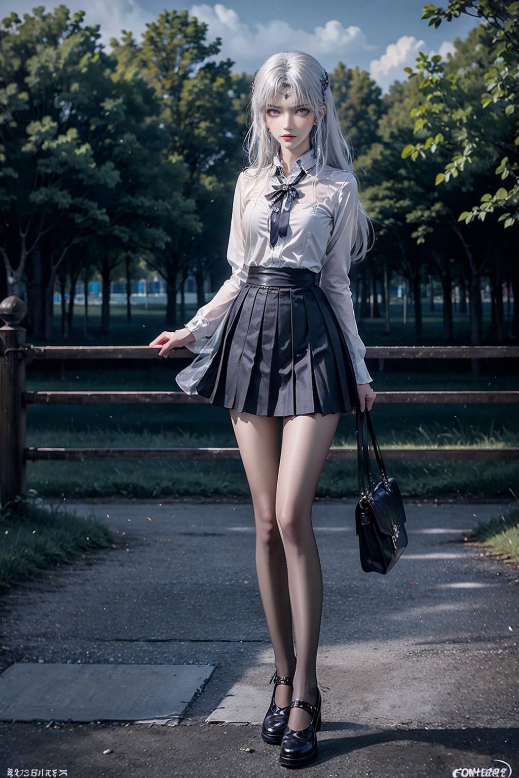 Masterpiece, best quality, official art, very detailed CG unified 8k wallpaper, 1 girl, white hair, purple eyes, angry, frowning, whole body, front, leather shoes, JK clothes, white shirt, gray pleated skirt, cloth pleated skirt, black stockings, hands behind your back, reflection, playground, lawn, sunshine,dress