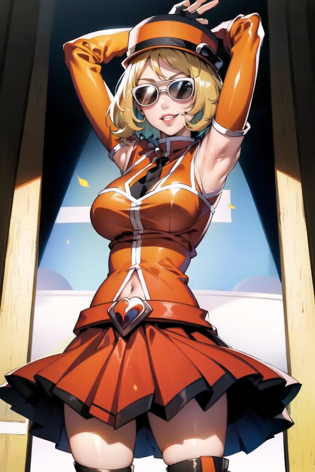 (best quality), (highly detailed), masterpiece, (official art),serena , short hair, (team flare:1.2), gloves,juliet_sleeves, long_sleeves , pleated skirt, thighhighs, hat, thigh boots, dress, belt, red dress, pantyhose, (lips:1.2), grin, smirk, pose, arm up, cowboy shot, looking at viewer, indoors, blurry background,depth of field, best quality, masterpiece, intricate details, tonemapping, sharp focus, hyper detailed, trending on Artstation,Sunglasess, BlackSunglasess