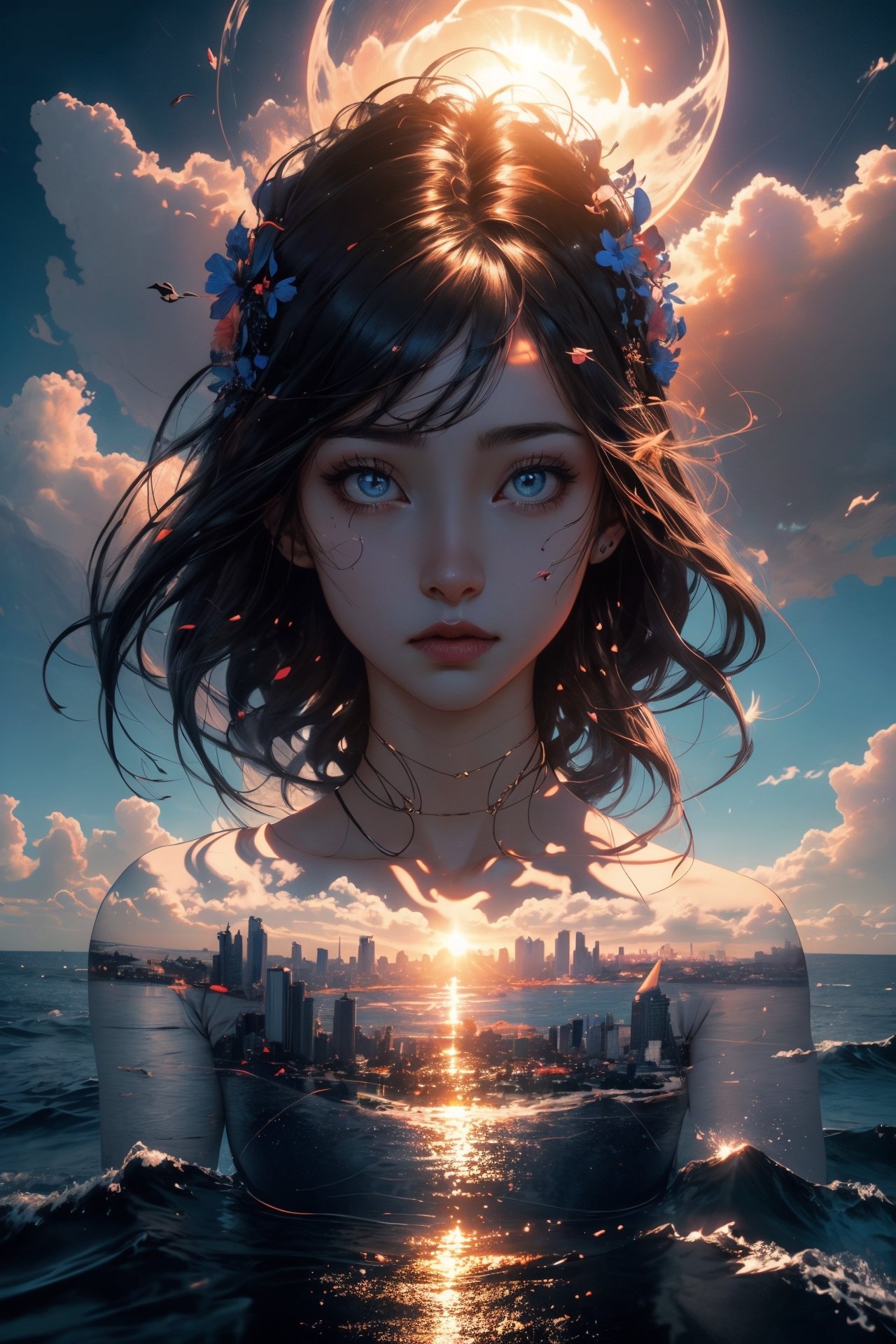 (double exposure art of a black hair young Taiwanese goddess of Ocean and city scape:1.2) , (no gravity, levitating above ocean) ,masterpiece, best quality, (HDR), (muted color, soothing tones, dim color), (nude ,16 years-old, small round face) , solo, looking at viewers, ((full-body)) ,student uniform , ((in a colorul dusk)) , perfect anatomy , surreal fantasy , Epic Art , color magic