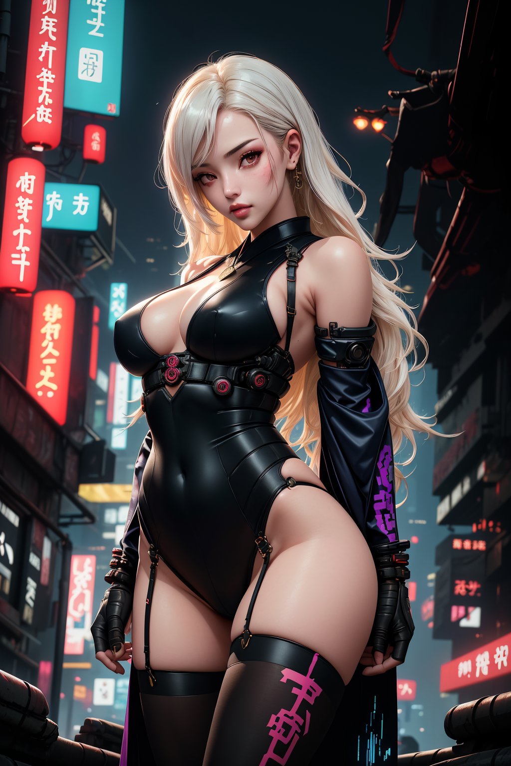 (legs opened, white long hair) masterpiece, best quality, high resolution,  female_solo , (1 sexy revealing kunoichi with perfect slender body proportion), (highly detailed beautifully colored warrior onepiece costume) , (detailed kimono obi with tassels and patterns) , (black stockings) , (pink and purple lightings in the dark night) , (full length body+Dutch angle shot), (sexy pose),  (highly detailed background of ancient Japanese achitechture + cyberpunk buildings) ,Cyberpunk,A Traditional Japanese Art,Sexy Pose,perfect fingers, cyberpunk style