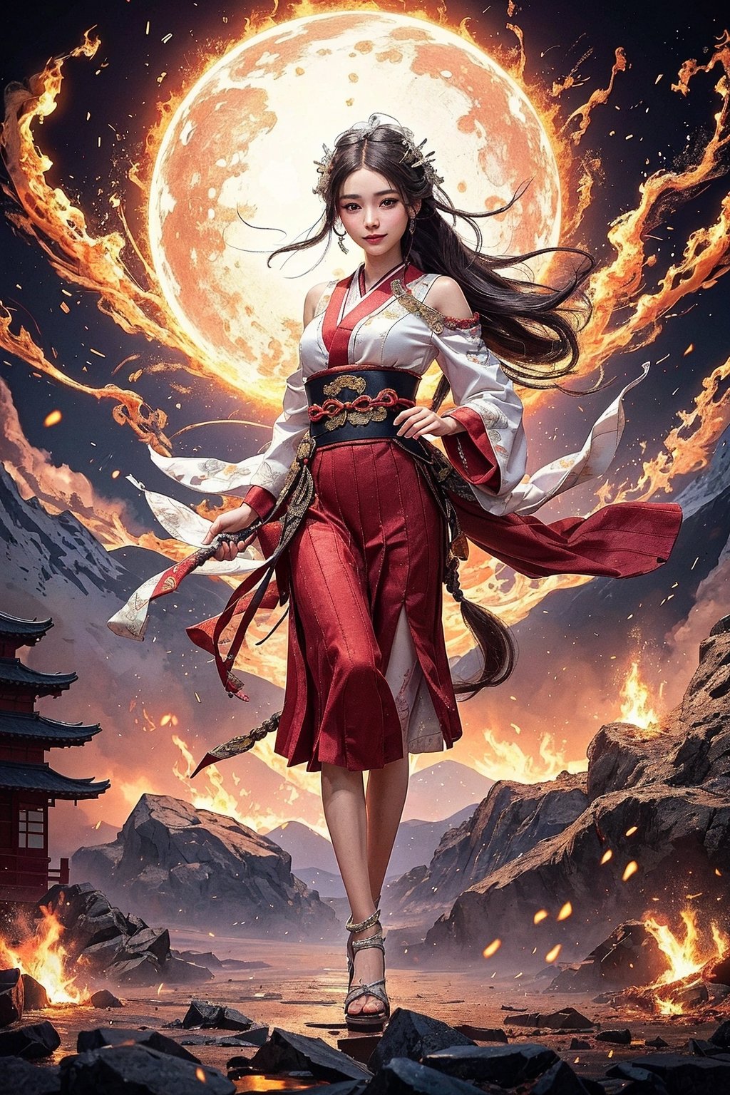 masterpiece, best quality, ultra realistic illustration, 16K, (HDR), high resolution, female_solo , slender hot body proportion with small breasts , smiling at viewer, (1 Japanese ancient goddess has platinum long hairwith braids:1.2), (holding a fire ball with two hands:1.0) , (magical atmosphere:0.9), (wearing a long decorated white kimono haori+pleated red hakama skirt:1.0), full-body shot, (floating upon the ground) , (highly detailed background of ancient Japan buildings:1.2) , (fire+flames around the hands:1.0), winds, soft lights, dark night, add More Detail, Color magic,perfect fingers, Goddess , a traditional Japanese art, girl,  fire element