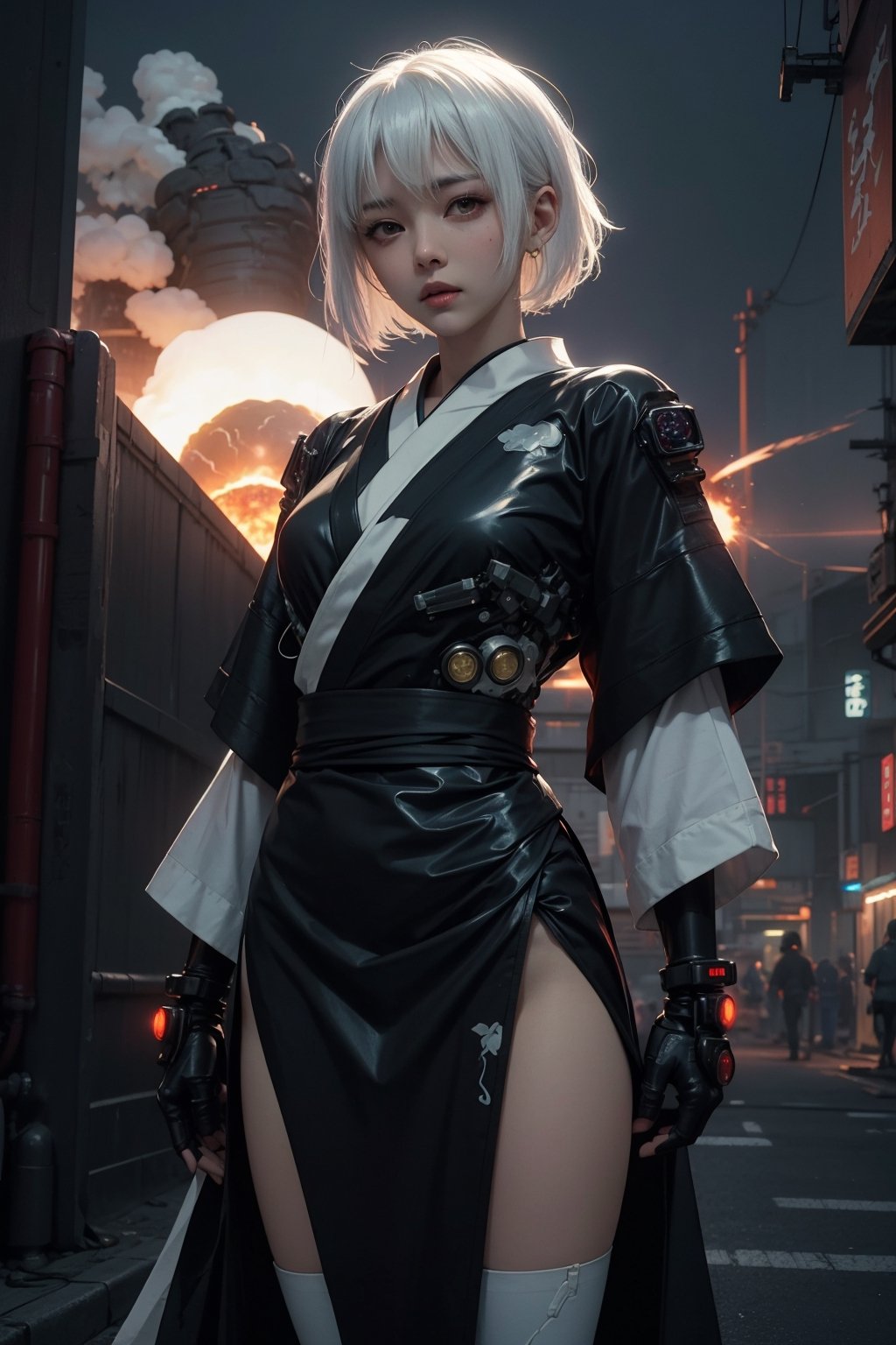 Sexy, masterpiece, 1 kunoichi, muted color +soothing tones, ((white hair)), (black transparent plastic warrior kimono+body implants) ,(((nuclear explosion at night))),Cyberpunk,A Traditional Japanese Art,Enhance