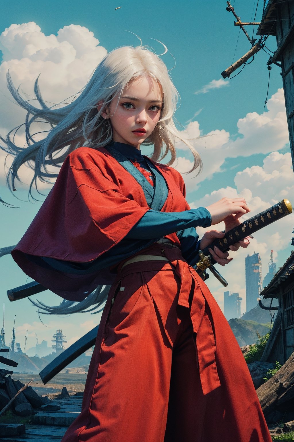 masterpiece, best quality, ultra realistic illustration, 16K, (HDR), high resolution, female_solo, slender hot body proportion , looking at viewer, 1 female samurai , holding sword katana+battoujutsu, (wearing highly detailed red haori+hakama skirt), full-body shot, (white long hair:1.0), (green eyes:1.0), highly detailed background of ancient Japan architecture, cyberpunk style, add More Detail,Enhance