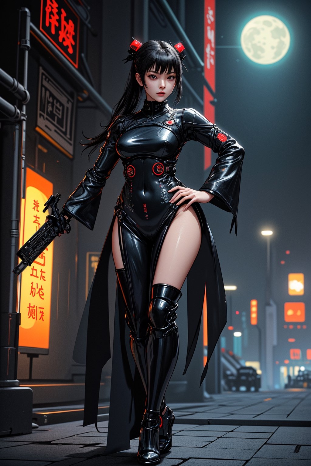 masterpiece, best quality, high resolution,  female_solo , ((1 sexy beautiful young kunoichi, clothing in revealing black traditional ninja onepiece outfit textured in silk+fabric)), holding 1 short katana in the right hand, 1 big moon in the dark night , ((full length body shot with sexy dynamic pose)), highly detailed background of old Japanese culture achitechture +cyberpunk buildings with neon lights,ink,Cyberpunk,xjrex,C7b3rp0nkStyle,A Traditional Japanese Art,Styles Pose,perfect,ninjascroll,Traditional Media,Striking Pose,Mecha body,1 girl,cyber_asia ,