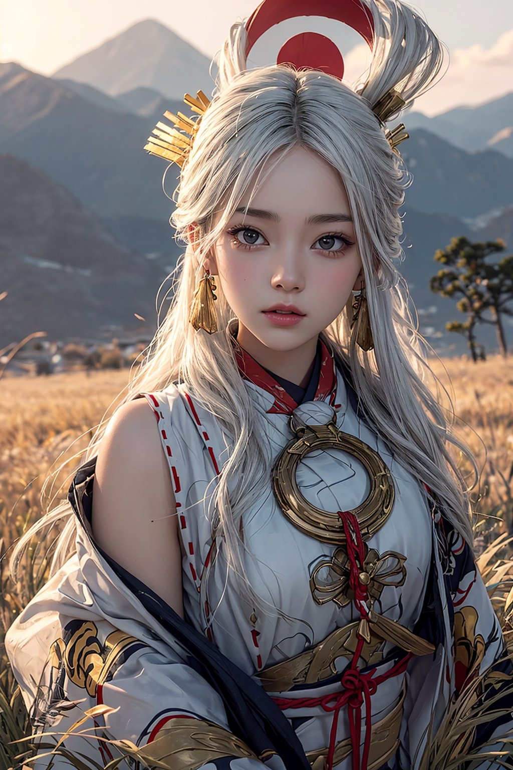 ((attractive pose , traditional kimono,picturing her elegance and coldness)), (masterpiece), a super beautiful 15 years old Japanese girl with medium wavy white hair, sleeveless beautifully decorated onmyoji costume,golden hair ornaments , sexy and attractive, surrealism, chiaroscuro, colorful movie lights , in a fantastic grass field at dusk, Lens Flare, From Outside, Ultra HD, cyberpunk  , Textured Skin, High Detail, High Resolution, miketsu