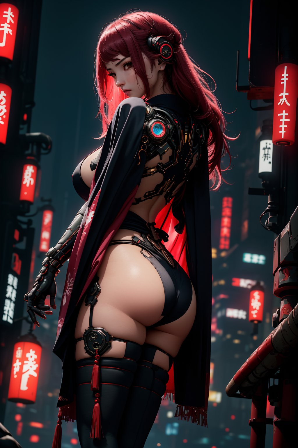 (legs opened, red long hair) masterpiece, best quality, high resolution,  female_solo , (1 sexy revealing kunoichi with perfect slender body proportion), (highly detailed beautifully colored warrior onepiece costume) , (detailed kimono obi with tassels and patterns) , (black stockings) , (pink and purple lightings in the dark night) , (full length body+Dutch angle shot), (sexy pose),  (highly detailed background of ancient Japanese achitechture + cyberpunk buildings) ,Cyberpunk,A Traditional Japanese Art,Sexy Pose,perfect fingers, cyberpunk style