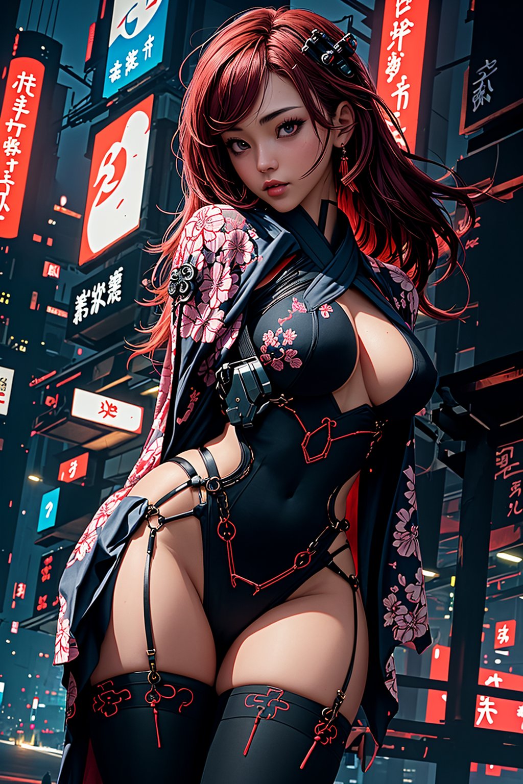 (legs opened, red long hair) masterpiece, best quality, high resolution,  female_solo , (1 sexy revealing kunoichi with perfect slender body proportion), (highly detailed beautifully colored warrior onepiece costume) , (detailed kimono obi with tassels and patterns) , (black stockings) , (pink and purple lightings in the dark night) , (full length body+Dutch angle shot), (sexy pose),  (highly detailed background of ancient Japanese achitechture + cyberpunk buildings) ,Cyberpunk,A Traditional Japanese Art,Sexy Pose,perfect fingers, cyberpunk style