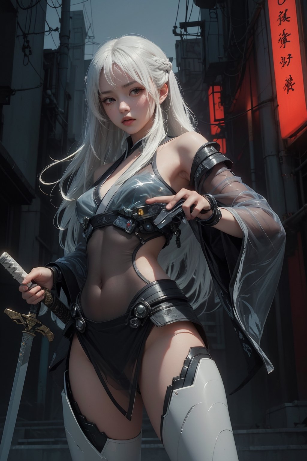 ((dynamic pose)), masterpiece, 1 kunoichi, muted color+soothing tones, ((white long hair)), (black transparent plastic warrior kimono+body implants,holding a sword) ,(at night),Cyberpunk,A Traditional Japanese Art,Enhance