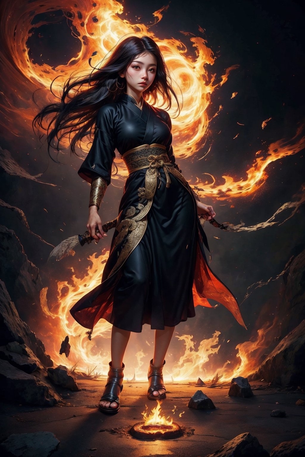 masterpiece, best quality, ultra realistic illustration, 16K, (HDR), high resolution, female_solo , slender hot body proportion with small breasts , looking at viewer, (1 Japanese ancient kunoichi has white long hair with braids:1.3), (holding a fire with two hands:1.0) , (magical atmosphere:0.9), (wearing a detailed one-piece sexy kunoichi ninja costume with decorated obi:1.0), full-body shot, (flying in the air) , (highly detailed background of ancient Japan buildings:1.2) , (fire+flames around the hands:1.0), winds, soft lights, dark night, add More Detail, Color magic,perfect fingers , a traditional Japanese art, girl,  fire element, ghost nocturnal