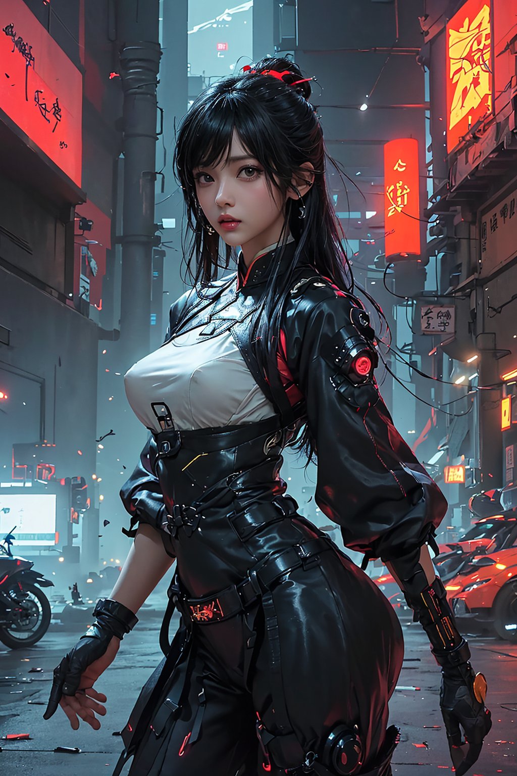 Sexy Pose , (masterpiece),(solo), 1 Japanese beauty, white hair ,  (high sexual attraction,long hair), in the dark night, (sexy Chinese Hanfu+body implants) ,(highly detailed background of ancient Indian achitechture with neon lights) ,Cyberpunk,Enhance,  Chinese fantasy art