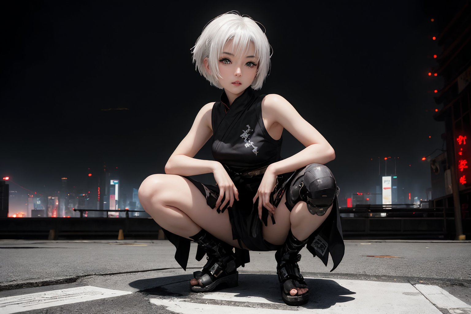 (A Japanese kunoichi with white pupils and white short hair), wearing black cyberpunk style sleeveless kimono as her sexy ninja outfit , amagedon scene, squatting on the ground, cyberpunk city background in Asia,A Traditional Japanese Art