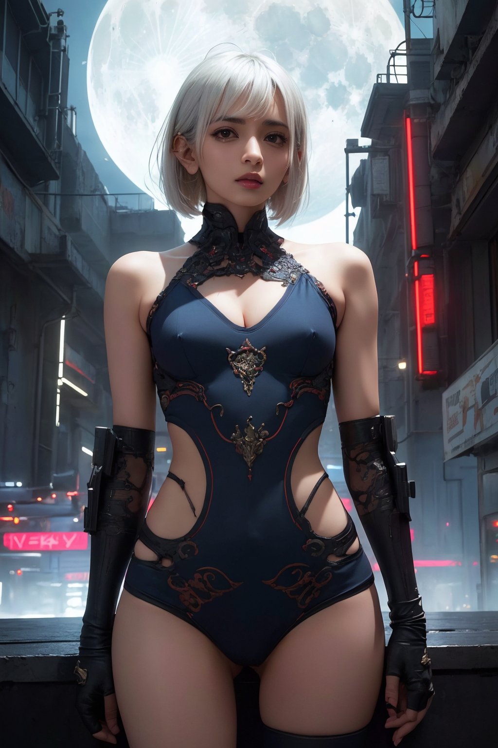 Sexy Pose, (masterpiece+best quality),(solo), 1 I Indian beauty, white hair ,  (high sexual attraction,long hair), in the dark night, (sexy Indian dress + body implants) , moon , highly detailed background of ancient Indian achitechture+with neon lights ,ink,Cyberpunk,Enhance, Indian Culture 