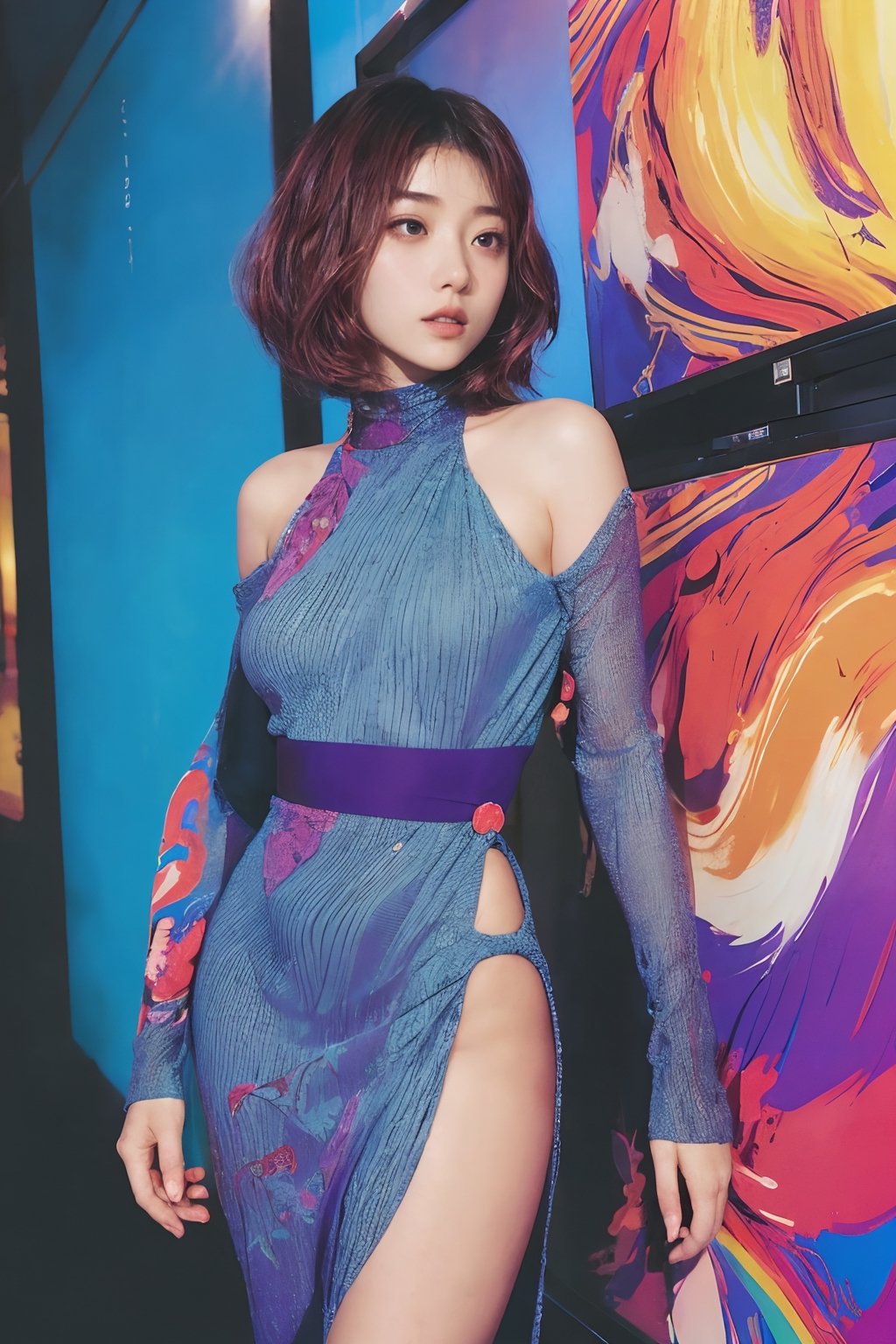 90’s Japanese film poster style, (masterpiece),(Satomi) , perfect anatomy, (modern fashion one-piece dress), dim light, muted color, ((ultra detailed background of modern psychedelic decoration in a dim lighting room)) , blue front spot light , purple side light, (short hair),Sexy,girl,perfect,Enhance, FUJI, Satomi