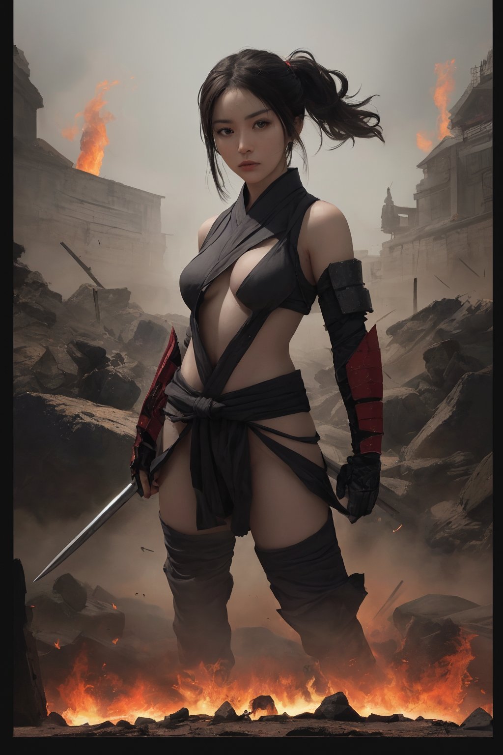 physically-based rendering, portrait, ultra-fine painting, extreme detail description, Akira Kurosawa's movie-style poster features a full-body shot of a 28-year-old girl, embodying the Shinobi of Japan's Warring States Period, An enigmatic female kunoichi, clad in revealing ninja costume , This striking depiction, seemingly bursting with unspoken power, illustrates a fierce and formidable female warrior in the midst of battle. The image, likely a detailed painting, showcases the intensity of the female ninja's gaze and the intricate craftsmanship of his armor. Each intricately depicted detail mesmerizes the viewer, immersing them in the extraordinary skill and artistry captured in this remarkable 