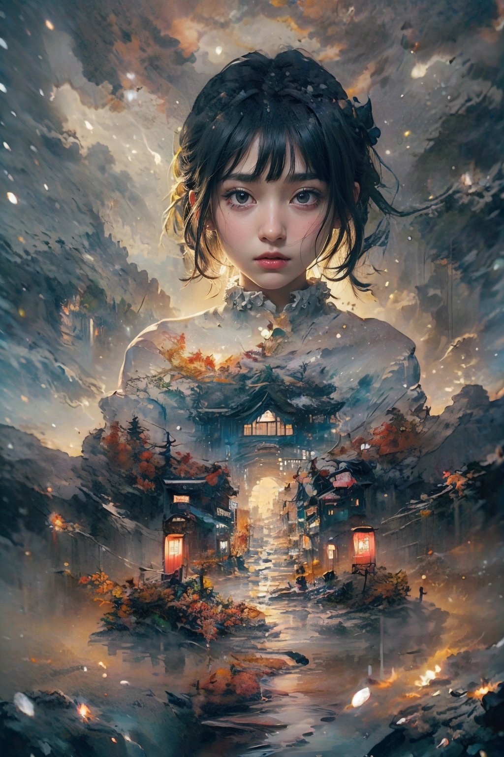 (1 beautiful Japanese girl standing in the middle:1.0), (autumn, snowing), (water color style, double exposure, grey scale, long exposure) dim light, muted color,Impressionism, Dutch angle, (ultra detailed background of a ancient Japanese buildings on Pluto), harmonious composition, epic art work, extremely long shot, view, landscape, double exposure ,