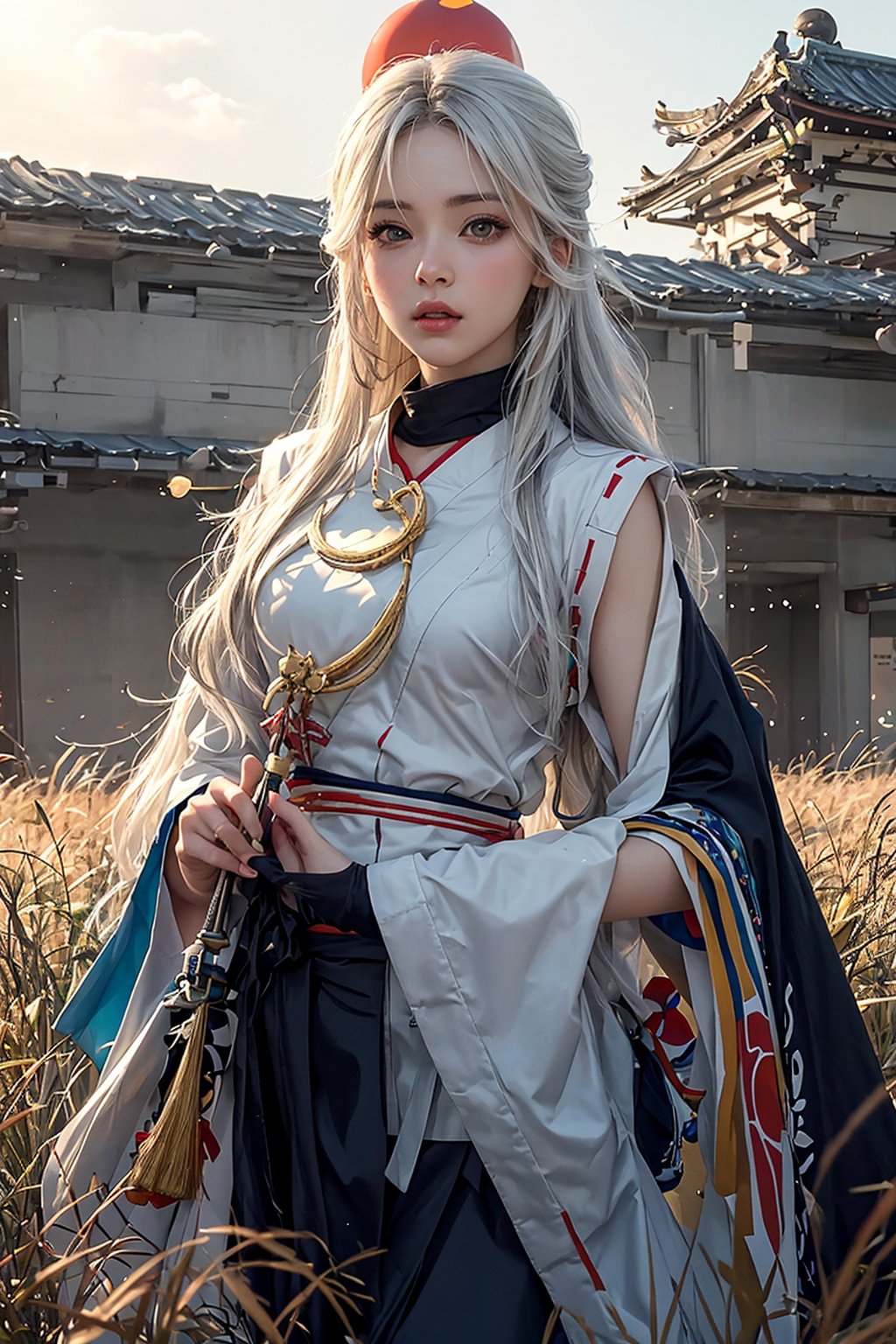 (( attractive pose , traditional kunoichi kimono ,picturing her elegance and coldness)), (masterpiece), a super beautiful Japanese 15 years old kunoichi with medium wavy white hair, sleeveless beautifully decorated shinobi costume , sexy and attractive, surrealism, chiaroscuro, colorful movie lights , in a fantastic grass field at dusk, Lens Flare, From Outside, Ultra HD, cyberpunk  , Textured Skin, High Detail, High Resolution, miketsu