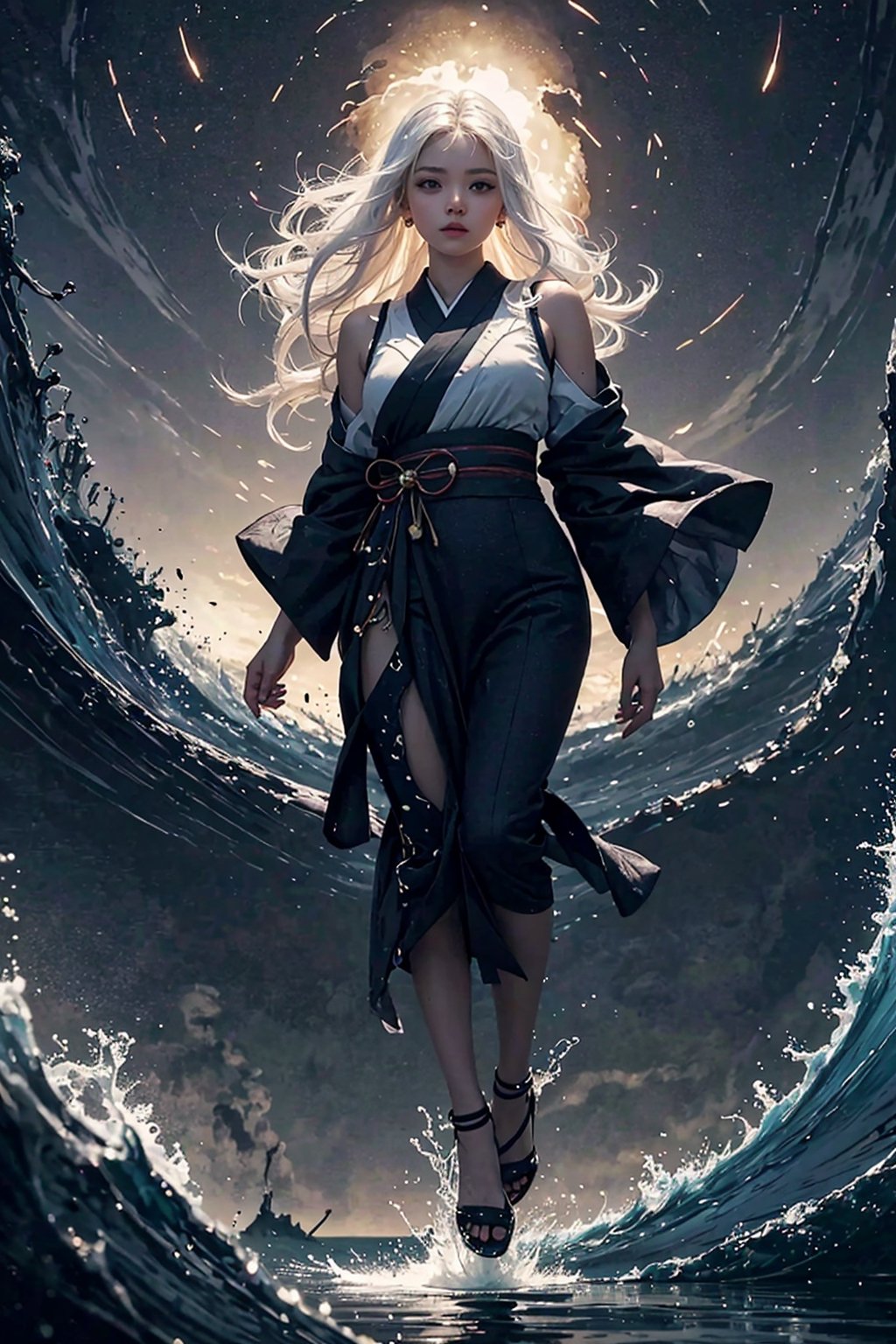 masterpiece , (muted color, dim color , soothing tone)  , full-body ,  (anti-gravity, no gravity , levitating , flying:1.1)  , (1 sexy Japanese mighty goddess of thunder with white hair) , (highly detailed traditional sleeveless kimono) , looking at viewers, in the dark night, (ultra detailed background of ships , ocean, waves), surreal , (giant nuclear explosion on the ocean), enhance all ,fantasy, art, High detailed,