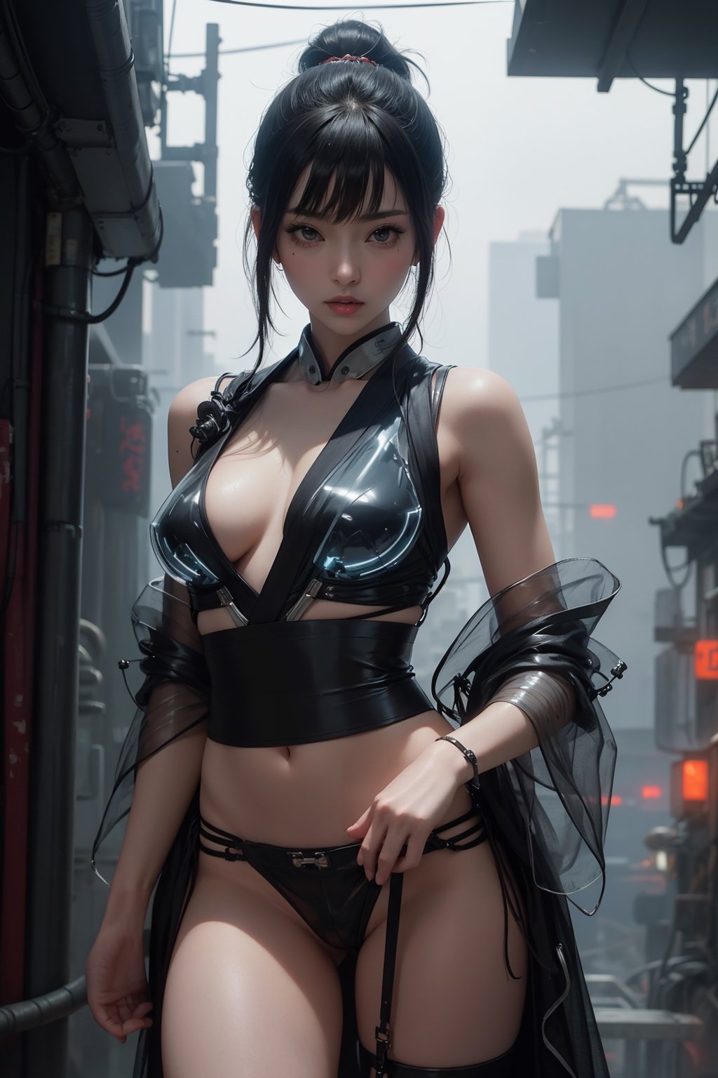 Sexy, (masterpiece+best quality),(solo), 1 kunoichi, white long hair ,high sexual attraction, in the dark night, (sexy black transparent plastic warrior kimono+body implants), (highly detailed background of ancient Japanese achitechture, cyberpunk buildings, nuclear explosion),Cyberpunk,A Traditional Japanese Art,Enhance