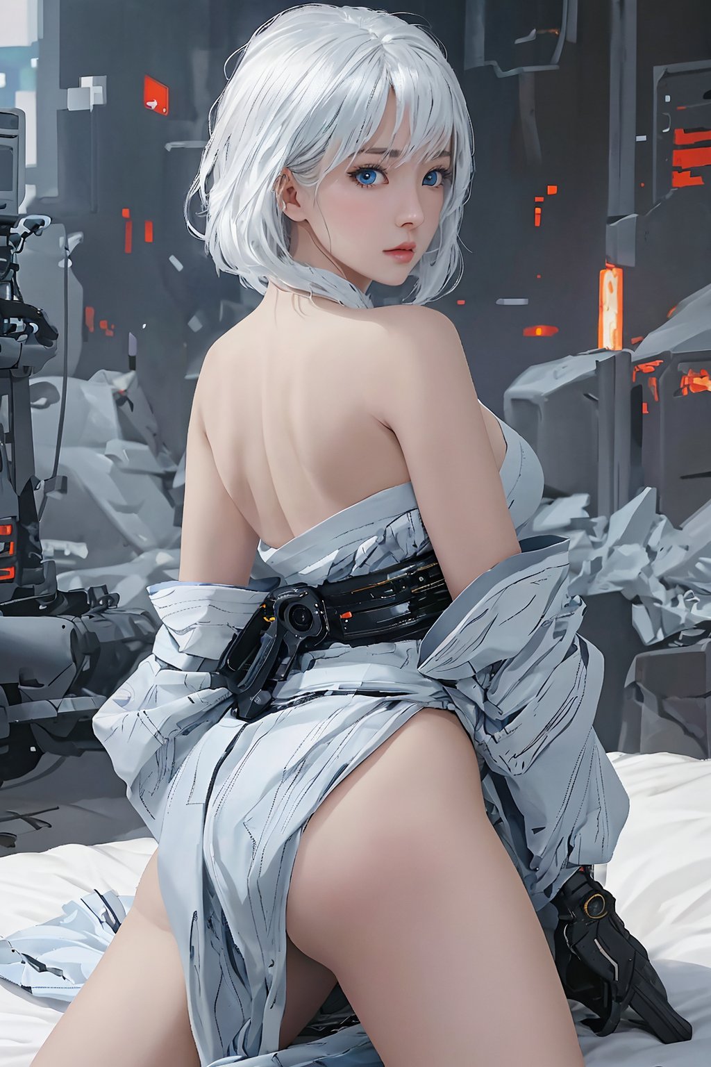 Best picture quality, high resolution, 8k, realistic, sharp focus, realistic image of a Japanese sexy supermodel, focus on her extraordinary sexual attraction , pure white hair, blue eyes, wearing revealing high-tech cyberpunk style kimono , radiant Glow, ice theme, custom design,swordup, looking at viewer