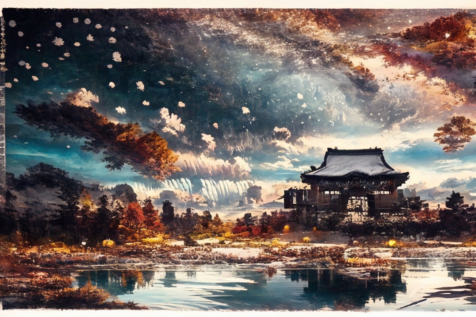 (((autumn, snowing))) , ((double exposure, white scale, long exposure)) dim light, muted color, Dutch angle, (ultra detailed background of a ancient Japanese buildings on Pluto), harmonious composition, epic art work, extremely long shot, view, landscape, double exposure 