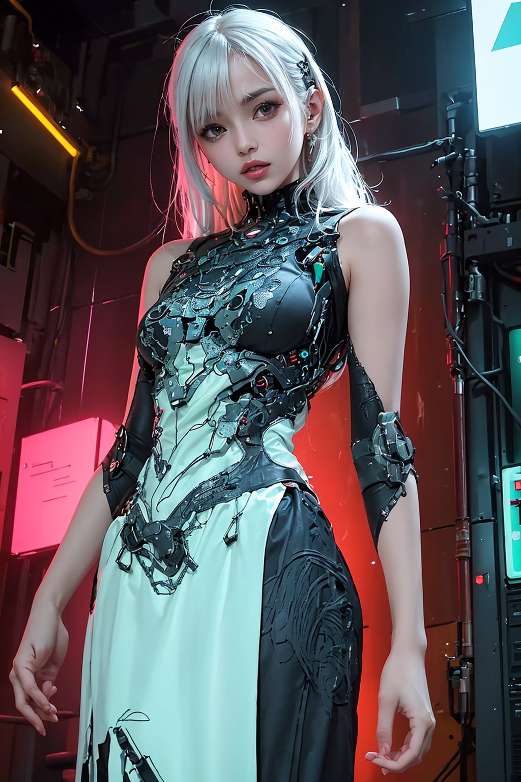 Sexy Pose , (masterpiece),(solo), 1 Indian beauty, white hair ,  (high sexual attraction,long hair), in the dark night, (sexy Indian dress kurti+body implants) ,(highly detailed background of ancient Indian achitechture with neon lights) ,Cyberpunk,Enhance, Indian Culture 