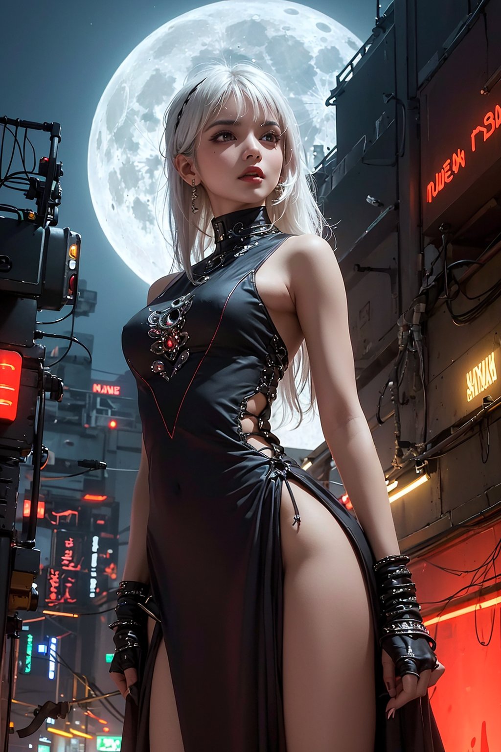 Sexy Pose, (masterpiece+best quality),(solo), 1 I Indian beauty, white hair ,  (high sexual attraction,long hair), in the dark night, (sexy Indian dress + body implants) , moon , highly detailed background of ancient Indian achitechture+with neon lights ,ink,Cyberpunk,Enhance, Indian Culture 