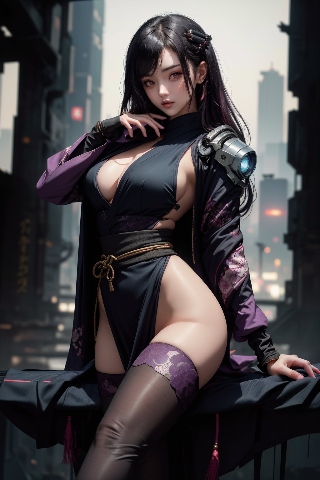 (legs opened, red long hair) masterpiece, best quality, high resolution,  female_solo , (1 sexy revealing kunoichi with perfect slender body proportion), (highly detailed beautifully colored warrior onepiece costume) , (detailed kimono obi with tassels and patterns) , (black stockings) , (pink and purple lightings in the dark night) , (full length body+Dutch angle shot), (sexy pose),  (highly detailed background of ancient Japanese achitechture + cyberpunk buildings) ,Cyberpunk,A Traditional Japanese Art,Sexy Pose,perfect fingers, cyberpunk style