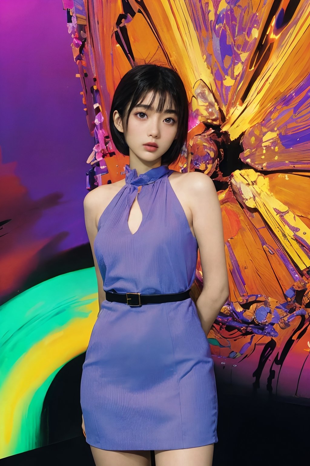 90’s Japanese film poster style, (masterpiece),(Satomi) , perfect anatomy, (modern fashion one-piece dress), dim light, muted color, ((ultra detailed background of modern psychedelic decoration in a dim lighting room)) , blue front spot light , purple side light, (short hair),Sexy,girl,perfect,Enhance, FUJI, Satomi