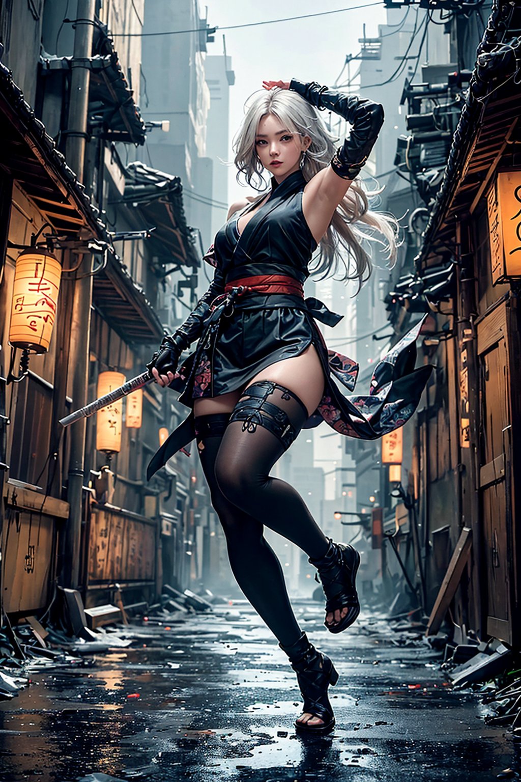 (( attractive pose , traditional kunoichi kimono ,picturing her elegance and coldness)), (masterpiece), a super beautiful Japanese 15 years old kunoichi with medium wavy white hair, sleeveless beautifully decorated shinobi costume , sexy and attractive, surrealism, chiaroscuro, colorful movie lights , in a fallen cyberpunk city, Lens Flare, From Outside, Ultra HD,cyberpunk , Textured Skin, High Detail, High Resolution