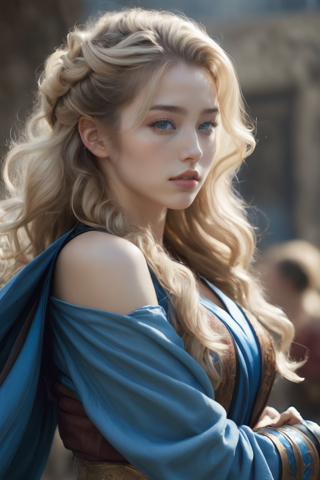 ((Generate hyper realistic image of  captivating scene featuring a stunning 20 years old girl,)) with medium long blonde hair, flowing curls, semi side view, standing with arms raised over her head, donning a well decorated warrior costume with sleeves rolled up,piercing, blue eyes, photography style, Extremely Realistic,
