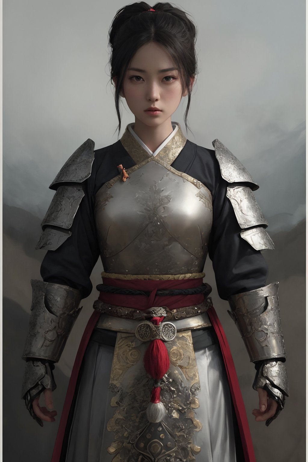 physically-based rendering, portrait, ultra-fine painting, extreme detail description, Akira Kurosawa's movie-style poster features a full-body shot of a 28-year-old girl, embodying the samurai spirit of Japan's Warring States Period, An enigmatic female samurai warrior, clad in ornate armor , This striking depiction, seemingly bursting with unspoken power, illustrates a fierce and formidable female warrior in the midst of battle. The image, likely a detailed painting, showcases the intensity of the female samurai's gaze and the intricate craftsmanship of his armor. Each intricately depicted detail mesmerizes the viewer, immersing them in the extraordinary skill and artistry captured in this remarkable 