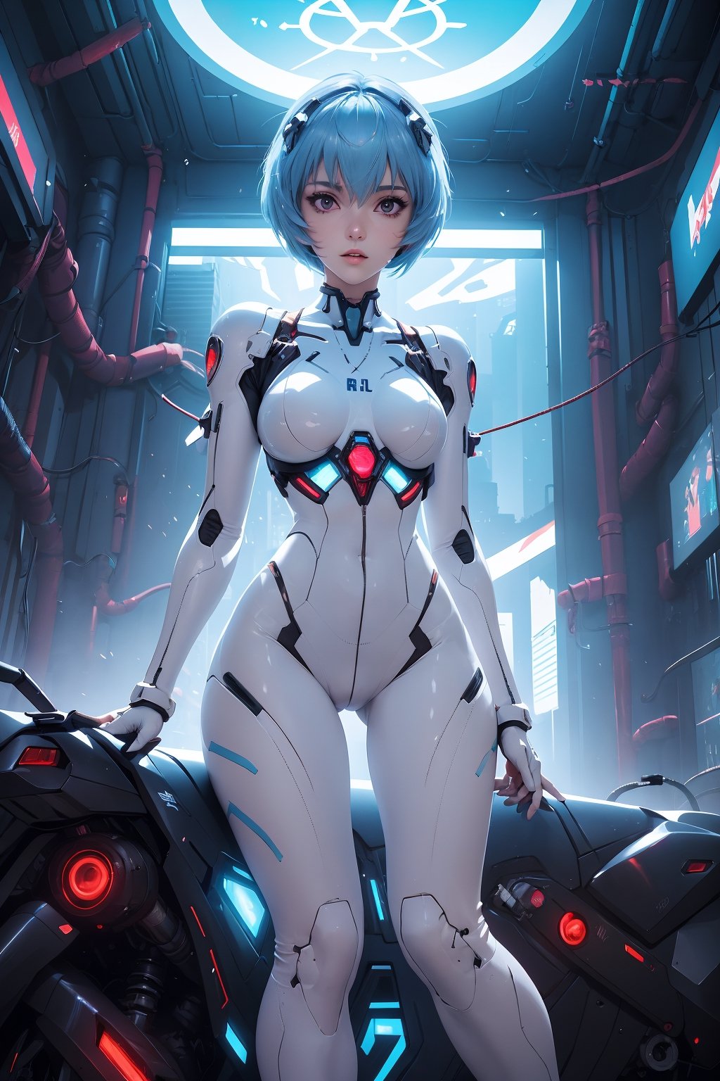 ((random sexy pose with open legs)), full body, (masterpiece),(Ayanami Rei) , perfect anatomy, (white bodysuit) (ultra detailed background of cyberpunk interior)), ((glowing shining crosses behind)) ,(light blue hair),Sexy Pose, color magic,girl,perfect,cyberpunk,Enhance, ayanami_rei,  interface headset