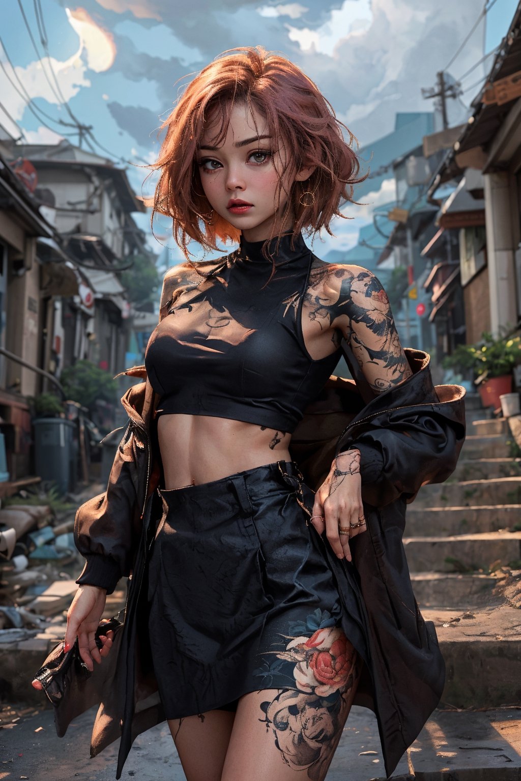 masterpiece, best quality, (90's Japanese pop art), 16K, (HDR) , (muted color, soothing tones, dim color:1.0), female_solo , (pink bob cut hair:1.3) , (1 sexy Japanese Yakuza girl with medium breasts) , (wearing black loose cropped-coat+black bras+mini leather skirt+ white socks,+Dr.Martens boots),(highly detailed yakuza tattoos), (random sexy pose+looking at viewers), ((in the dark night)) (detailed Hong Kong streets views background), (perfect anatomy , perfect fingers) , YakuzaTattoo , Night scene,Enhance,Sexy Pose